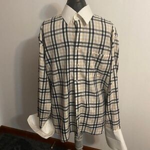 Henri Picard by Don Jonatha Plaid Tan/Blue/White button-down shirt, size 16 1/2
